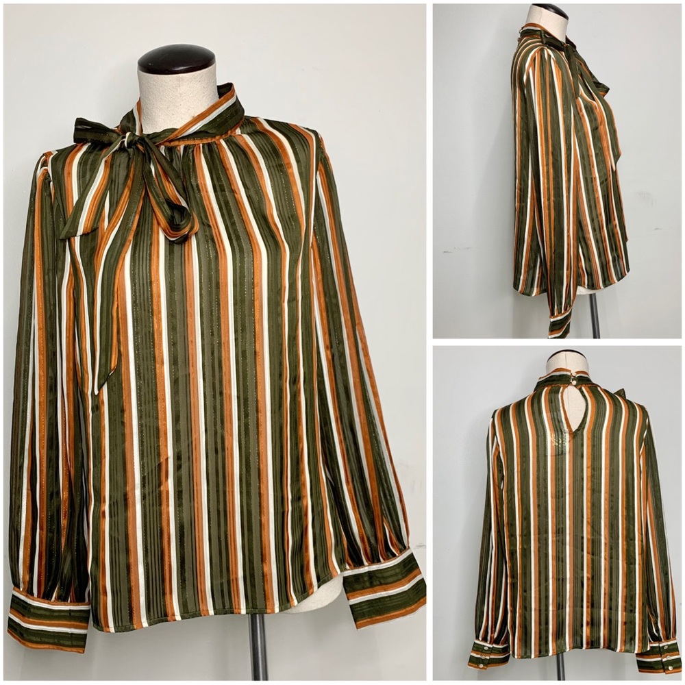 Striped Green and Brown Women's Top Large